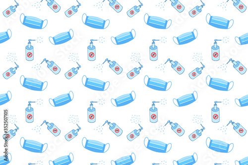 Repeating background of sanitizer and medical masks isolated on white. Coronavirus protection. Using sanitizer for disinfection.