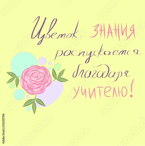 pink peony on a yellow background and the inscription about the teacher in Russian