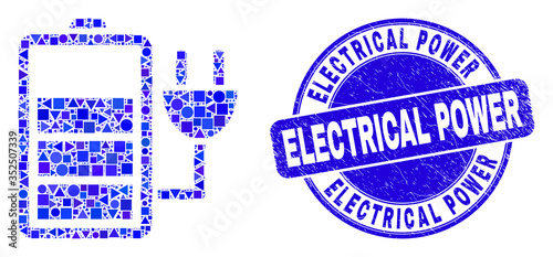 Geometric charge battery mosaic icon and Electrical Power stamp. Blue vector rounded grunge stamp with Electrical Power text. Abstract mosaic of charge battery designed of sphere, tringle,