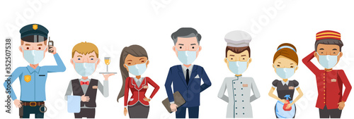 Hotel worker service group Of hotel. Hotel staff mask Waitress, manager, Housekeeping, Hotel luggage, Receptionist, Chef, Security guard,Character set team work . New Normal concept. Vector 