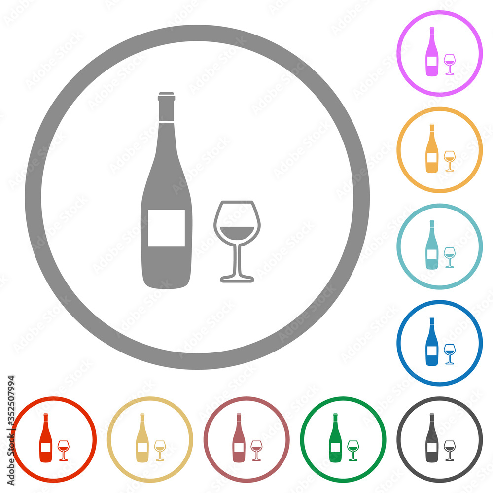 Wine bottle and glass flat icons with outlines Wine bottle and glass flat icons with outlines