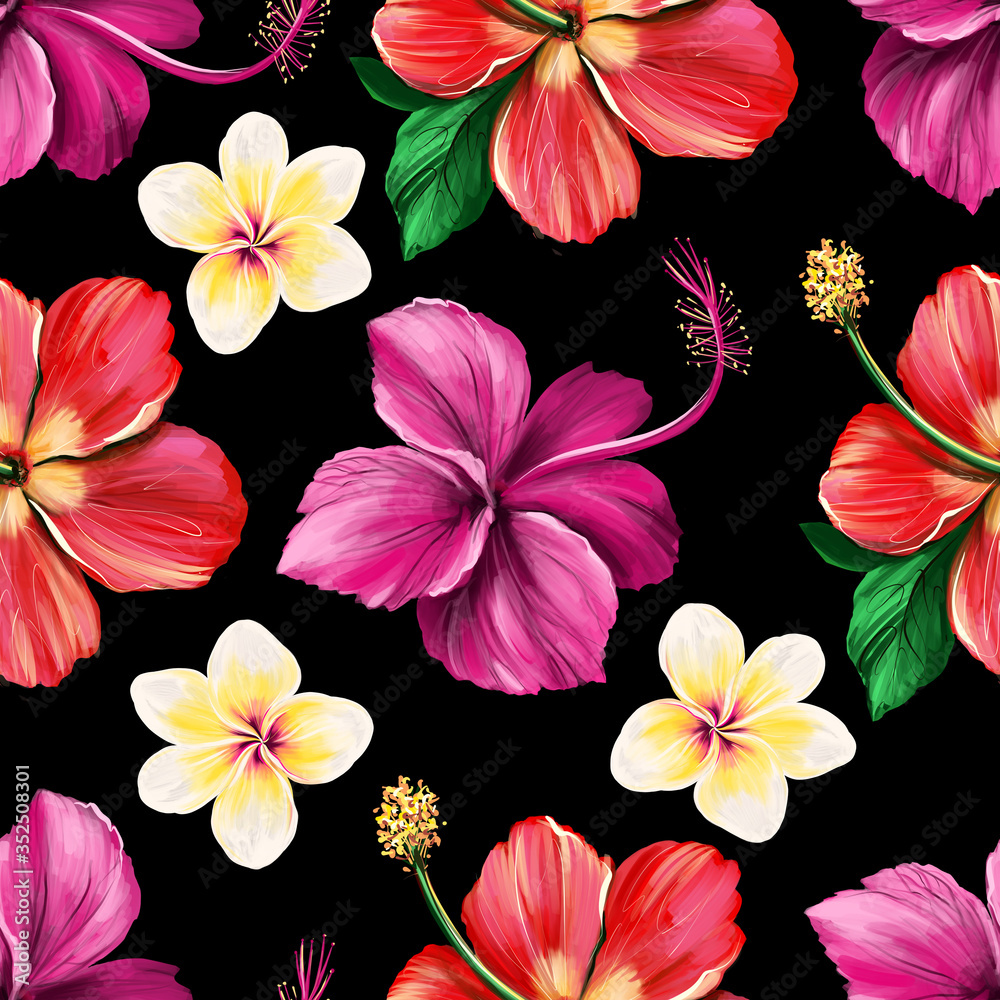 Floral digital pattern with Hibiscus on black background. Seamless summer tropical fabric design. Hand drawn illustration