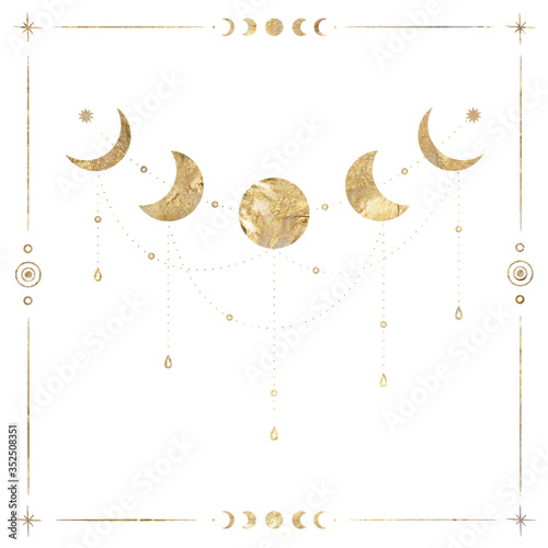 chic golden luxurious retro vintage engraving style. image of the sun and moon phases. culture of occultism. Vector graphics