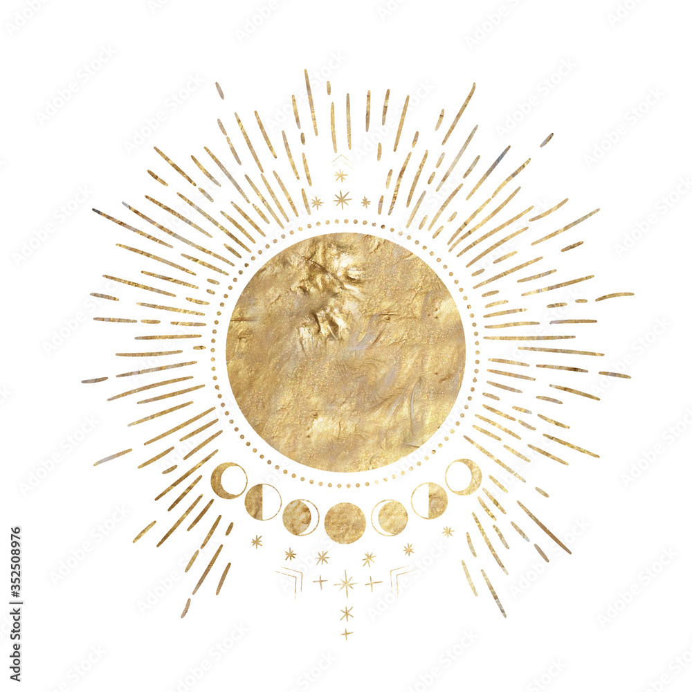 chic golden luxurious retro vintage engraving style. image of the sun and moon phases. culture of occultism. Vector graphics - obrazy, fototapety, plakaty 
