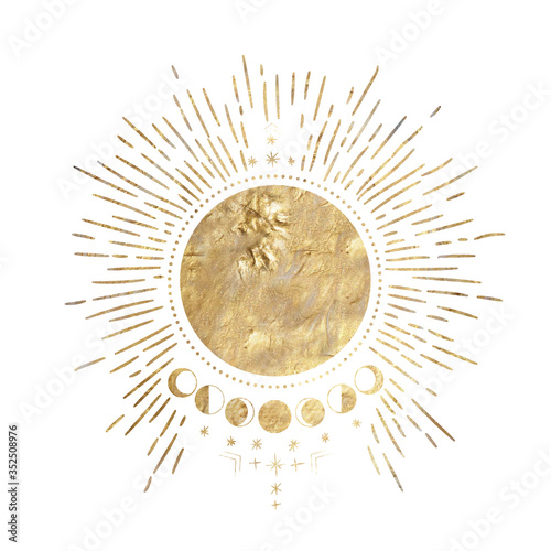 chic golden luxurious retro vintage engraving style. image of the sun and moon phases. culture of occultism. Vector graphics