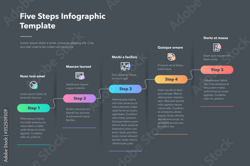 Modern business progress infographic template with five successive steps - dark version. Easy to use for your website or presentation.