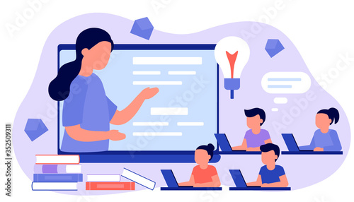 Learn from distance with teacher, online education. Kids boy and girl is sitting on laptop and studying lesson. Child learns remotely. Home school, web e-learning, knowledge concept. Vector flat style
