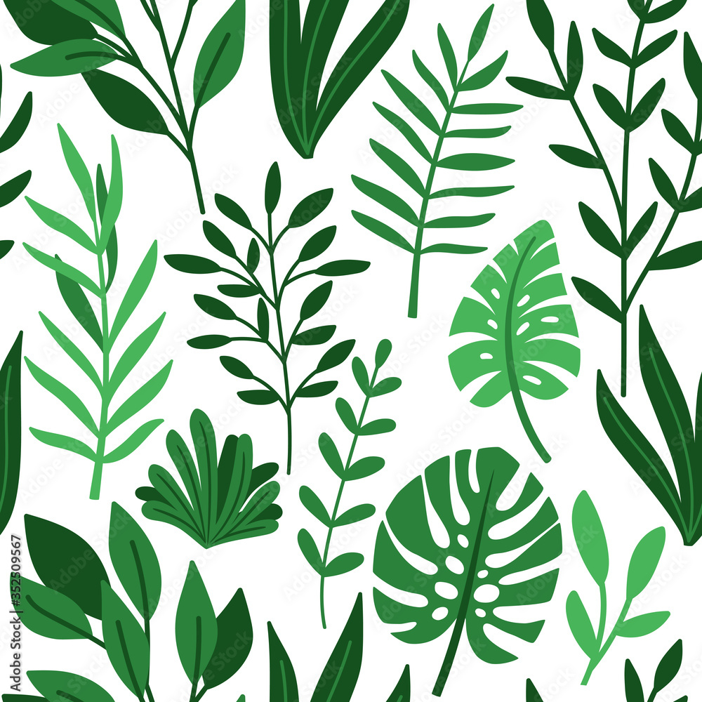 Tropic palm green leaves drawing pattern. Tropical seamless background on white, leaf and herb fashion print wallpaper vector illustration