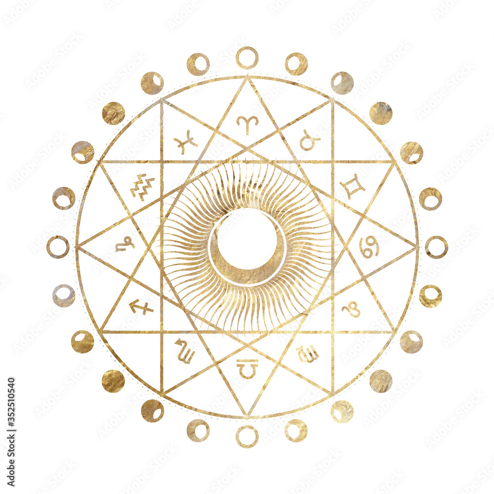 chic golden luxurious retro vintage engraving style. image of the sun and moon phases. culture of occultism. Vector graphics - obrazy, fototapety, plakaty 