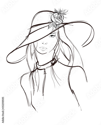 Hand drawn beautiful young woman with flower on a hat. Cute girl with long hair. Sketch. Vector illustration.