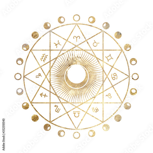 chic golden luxurious retro vintage engraving style. image of the sun and moon phases. culture of occultism. Vector graphics