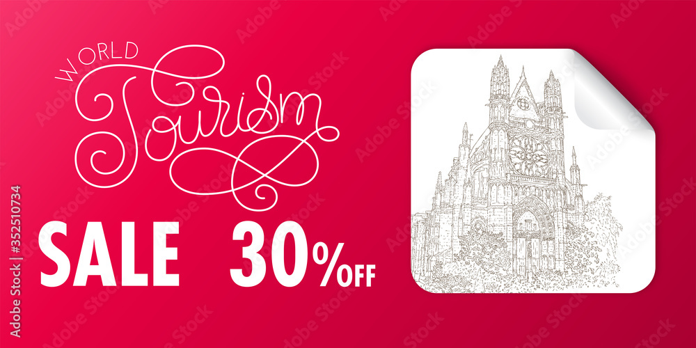 Fototapeta premium Travel sale banner. World tourism lettering. City sketching of France, Vernon. Line art silhouette drawing on sticker. Sketch style vector