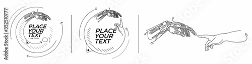 Set of Hands of Robot and Human hands touching with fingers, Virtual Reality or Artificial Intelligence Technology Concept - Hand Draw Sketch Design illustration.
