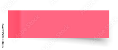 Pink realistic horizontal paper sticker with a peel off corner isolated on white. Blank templates of a price tags. Empty mockup for a memo and notice. Transparent shadows. Vector