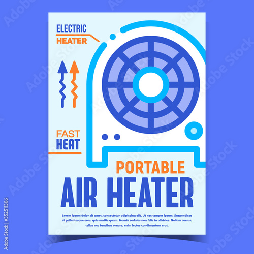 Air Heater Portable Heating Device Banner Vector. Electric Heater Equipment For Fast Heat Home Or Office Room Promotional Poster. Warmth Concept Template Style Colorful Illustration photo