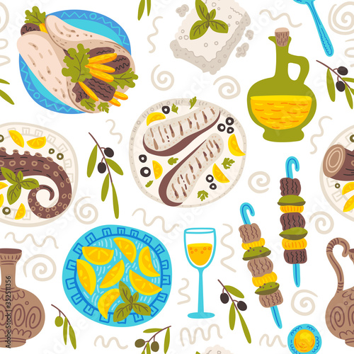 Greek food cartoon vector seamless pattern. Food