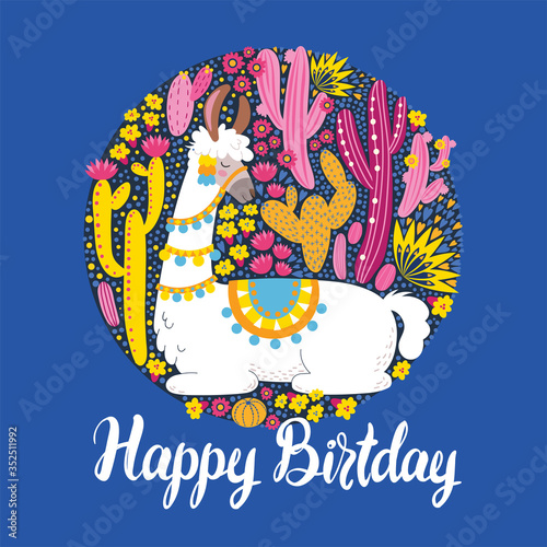 Illustration with llama and cactus plants. Vector seamless pattern on botanical background. Greeting card with Alpaca. Round composition on blue.