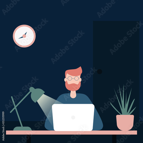 Freelancer working or studying at night from home and using laptop. People staying home to be protect from coronavirus. Lockdown quarantine. 