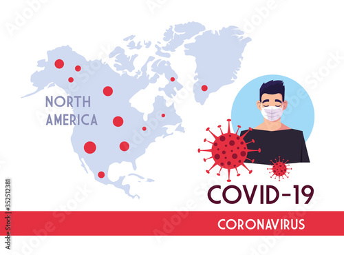 Man with mask and north america map with covid 19 virus vector design