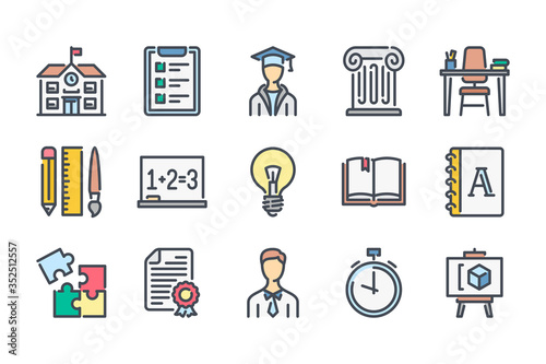 Education related color line icon set. Knowledge colorful linear icons. School and University flat color outline vector sign collection.