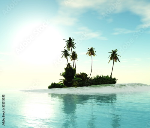 Island with palm trees in the tropics of the middle of the ocean, 3D rendering