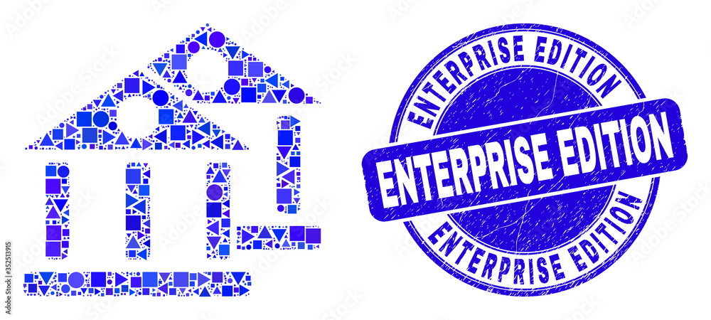 Obraz premium Geometric museum buildings mosaic icon and Enterprise Edition watermark. Blue vector round scratched watermark with Enterprise Edition title. Abstract mosaic of museum buildings designed of round,