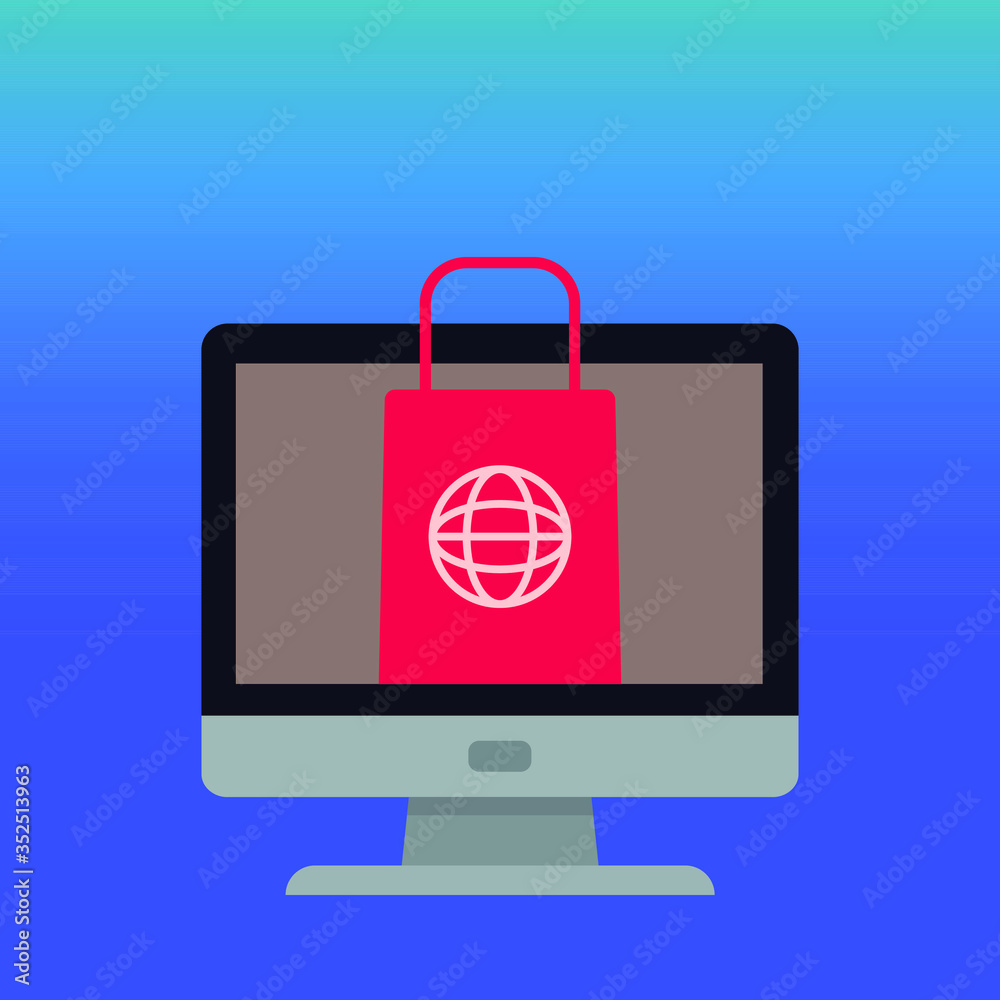 computer flat icon with shopping bag for online shopping use. computer flat icon with shopping bag for online shopping use.