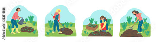 Gardening on a farm set of cartoon characters. Young people dig, rake the ground, plant and water seedlings. Women in the garden. Flat vector illustration.