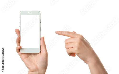 Female hands with mobile phone on white background