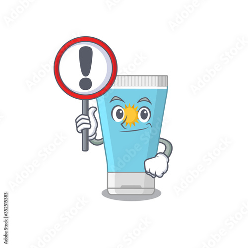 A cartoon icon of sunblock cream with a exclamation sign board