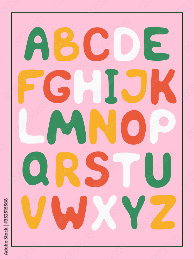 Hand-drawn cute English alphabet. Green, yellow, red and white letters on a pink background. Vector illustration.