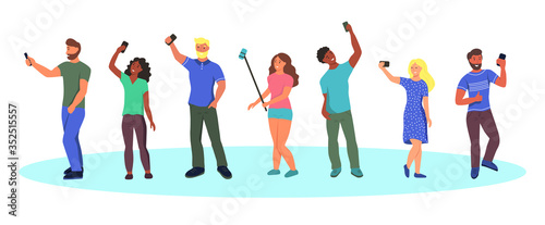 Young people in summer clothes take selfies. Men and women with mobile phones and selfie sticks. Characters isolated on a white background. Flat cartoon vector illustration.