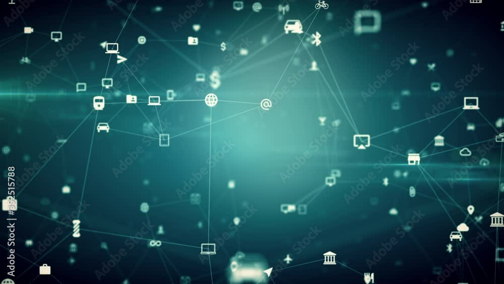 background from the connected internet of things chaotically slow moving on camera with depth of field, 4K tech animation