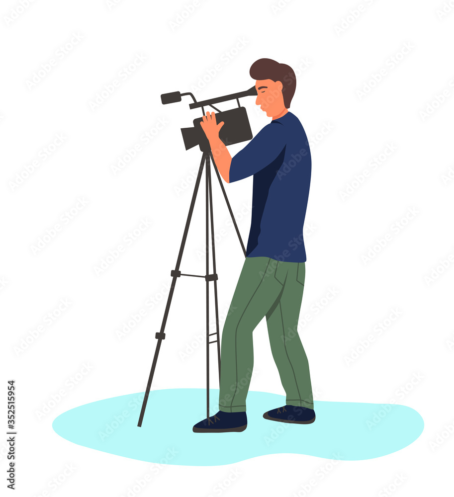 Full-length videographer with a camera. Flat cartoon vector illustration.