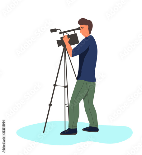 Full-length videographer with a camera. Flat cartoon vector illustration.