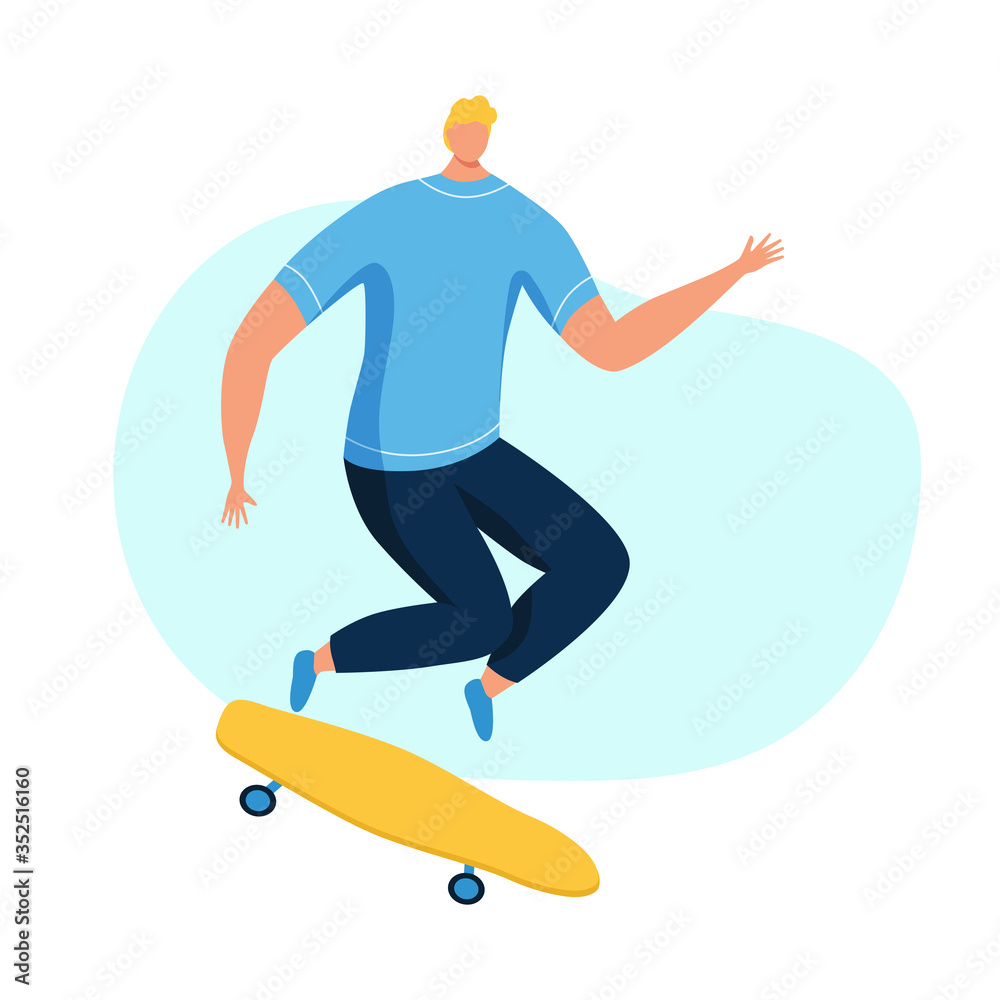 Young man skateboarding. Teenage boy or skateboarder riding skateboard. Male cartoon character isolated on white background. Flat vector illustration.