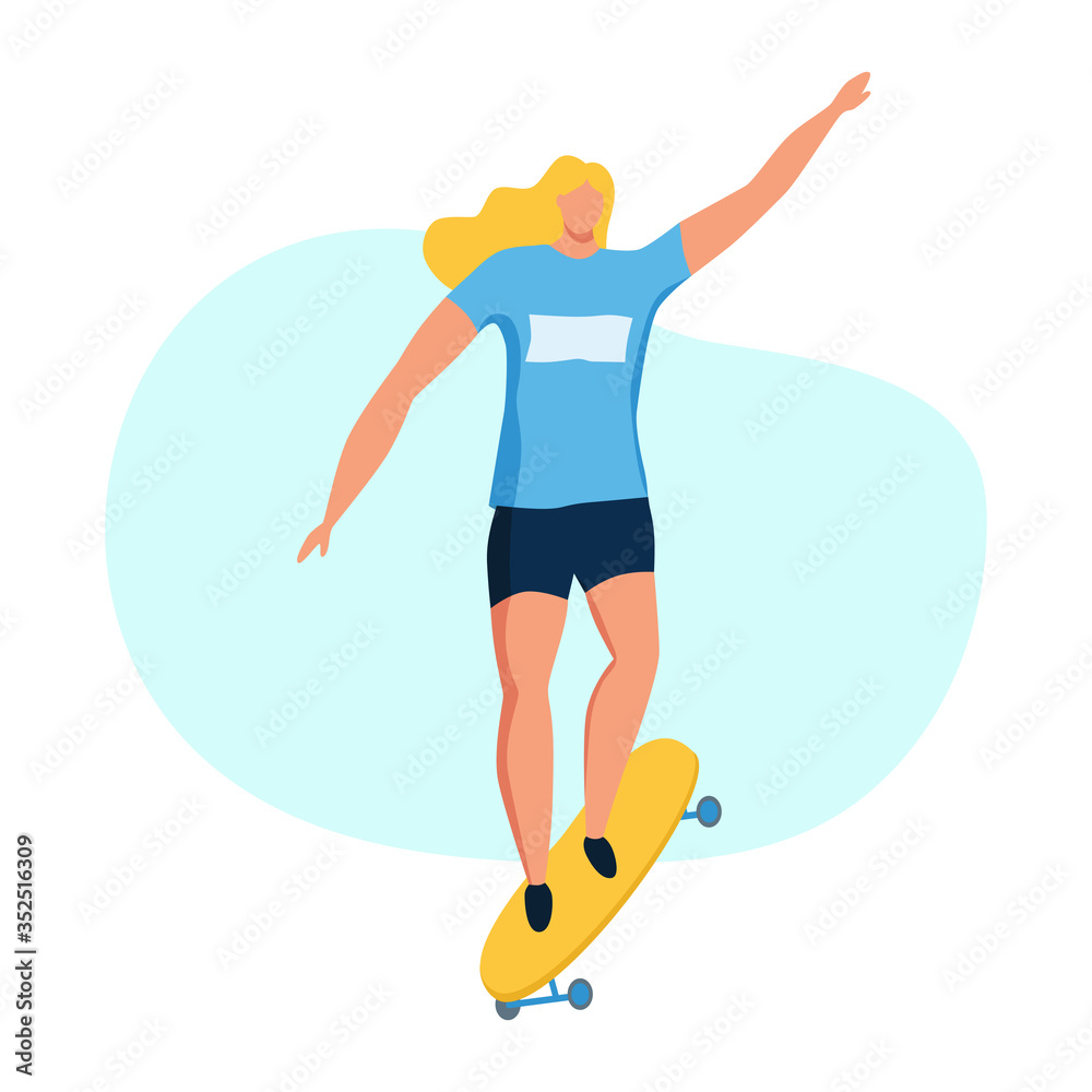 Young woman skateboarding. Teenage girl or skateboarder riding skateboard. Female cartoon character isolated on white background. Flat vector illustration.