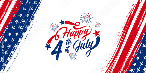 Happy 4th of July typography design with vertical American flag brush stroke on both sides, vector illustration. photo