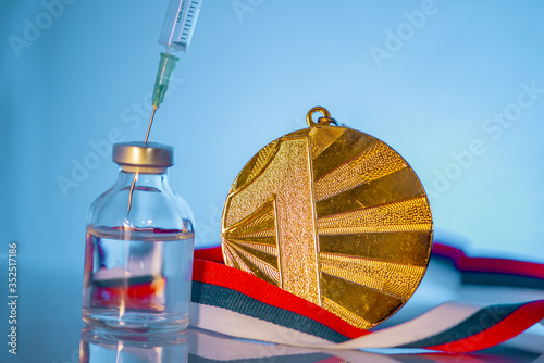 Doping in Sport, Gold medal for victory, syringe, glass bottle with doping