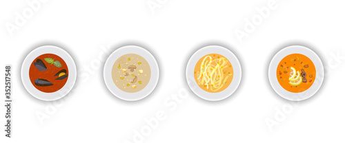 Four plates of soup set, top view. A dish of Italian cuisine, an Italian restaurant. Flat vector design.
