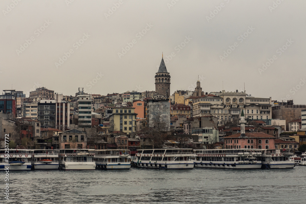 View of Galata Tower in Istanbul in rainy weather. Turkey