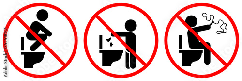 Warning toilet vector sign set isolated on white background, do not step on the seat, litter in toilet and write on wall of the toilet
