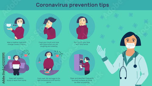 Coronavirus prevention tips poster or banner with infographic, doctor showing medical recommendations and female character. Lady doctor explain covid protection measures. Flat vector illustration