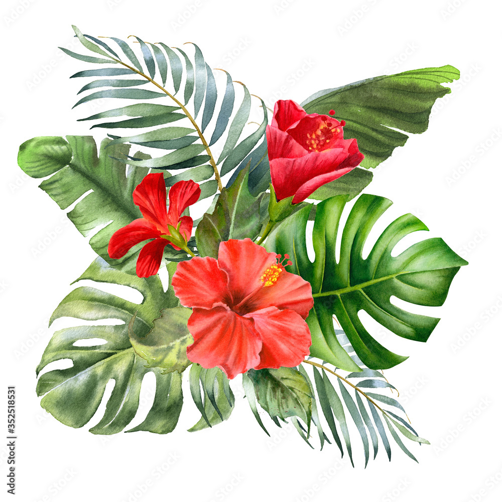 Obraz premium Tropical leaves and flower bouquet. Watercolor palm leaf, monstera, hibiscus flower