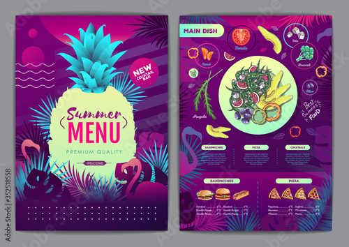 Restaurant summer tropical gradient menu design with fluorescent tropic leaves and flamingo. Fast food menu