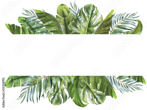 Tropical flower card in trendy style. Watercolor painted palm, monstera, banana leaves. Summer illustration for design wedding invitations, greeting cards, poster, postcards.