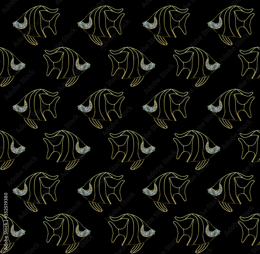 Tropical golden fish on a black background pattern Tropical golden fish on a black background pattern