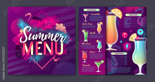 Restaurant summer tropical gradient cocktail menu design with fluorescent tropic leaves and flamingo.