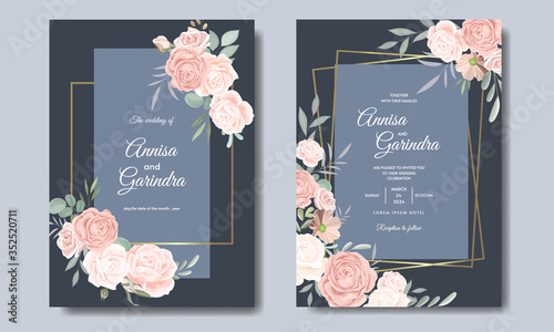  Elegant wedding invitation card template with  floral and leaves  navy blue  Premium Vector