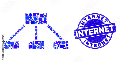 Geometric hierarchy links mosaic pictogram and Internet seal. Blue vector round textured seal with Internet message. Abstract concept of hierarchy links done of round, tringle, square geometric items.